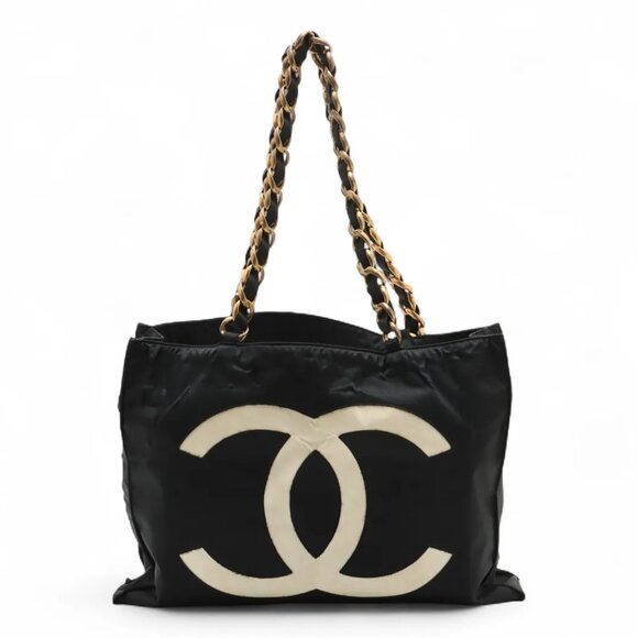 Chanel Vintage Coco Mark Nylon Chain Tote Bag Black Gold Metal - Picture 3 of 11